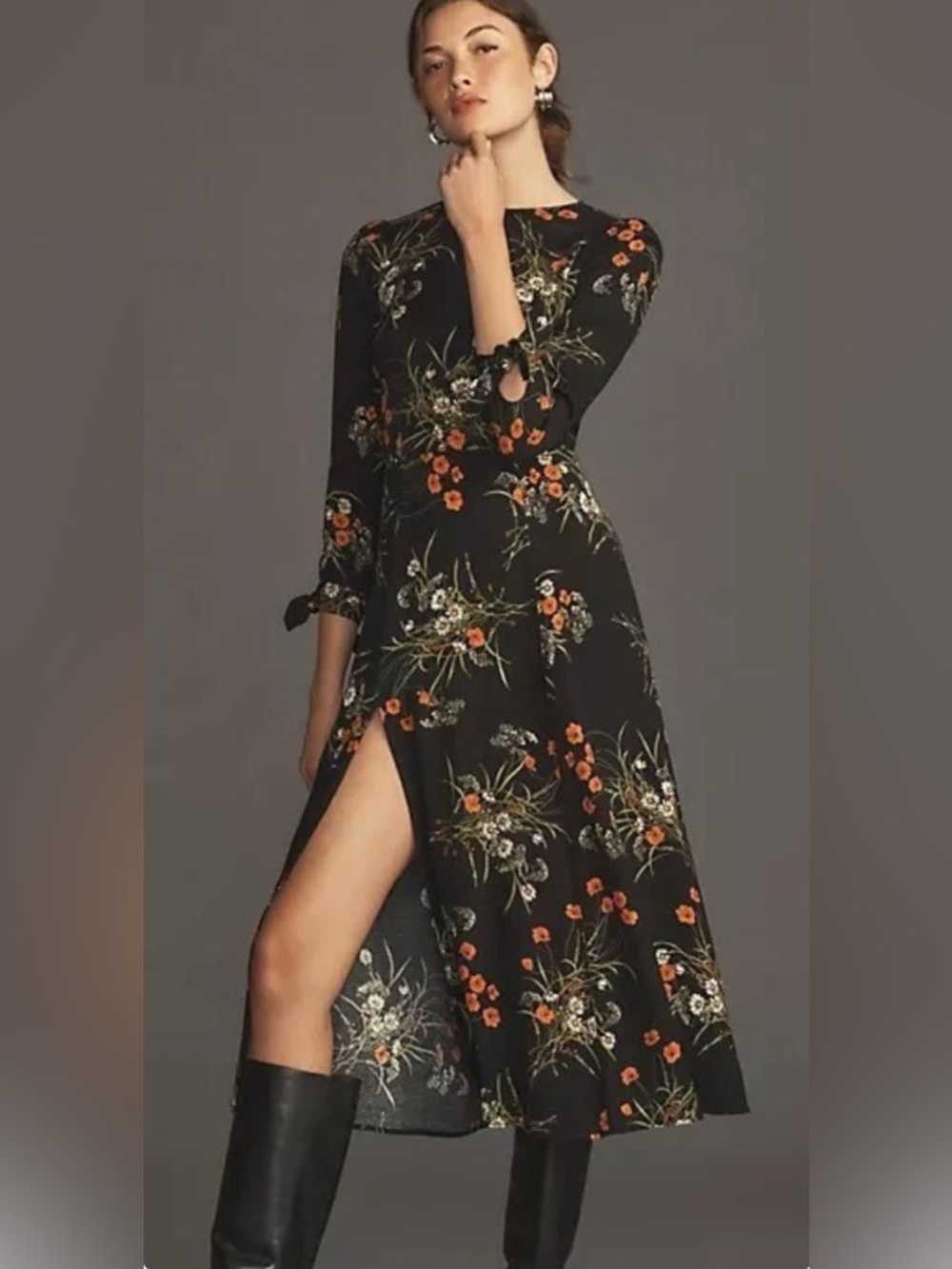 Reformation Zelda Black Floral Midi Dress with Orange Accents 12 EUC
